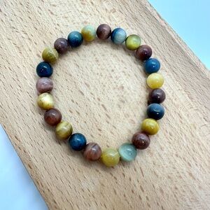 Multicolor Tiger Eye Gemstone Bracelet 16cm Blue Gold Red Stretch, 8mm Beads